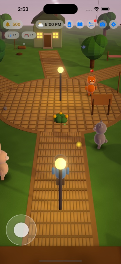 The village at dusk with lamps lit