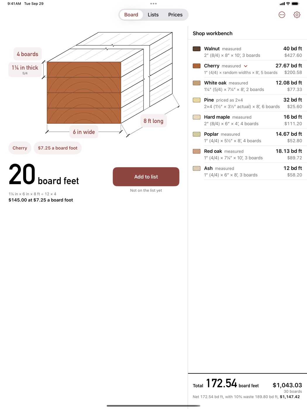 Board Foot Calculator! running on an iPad