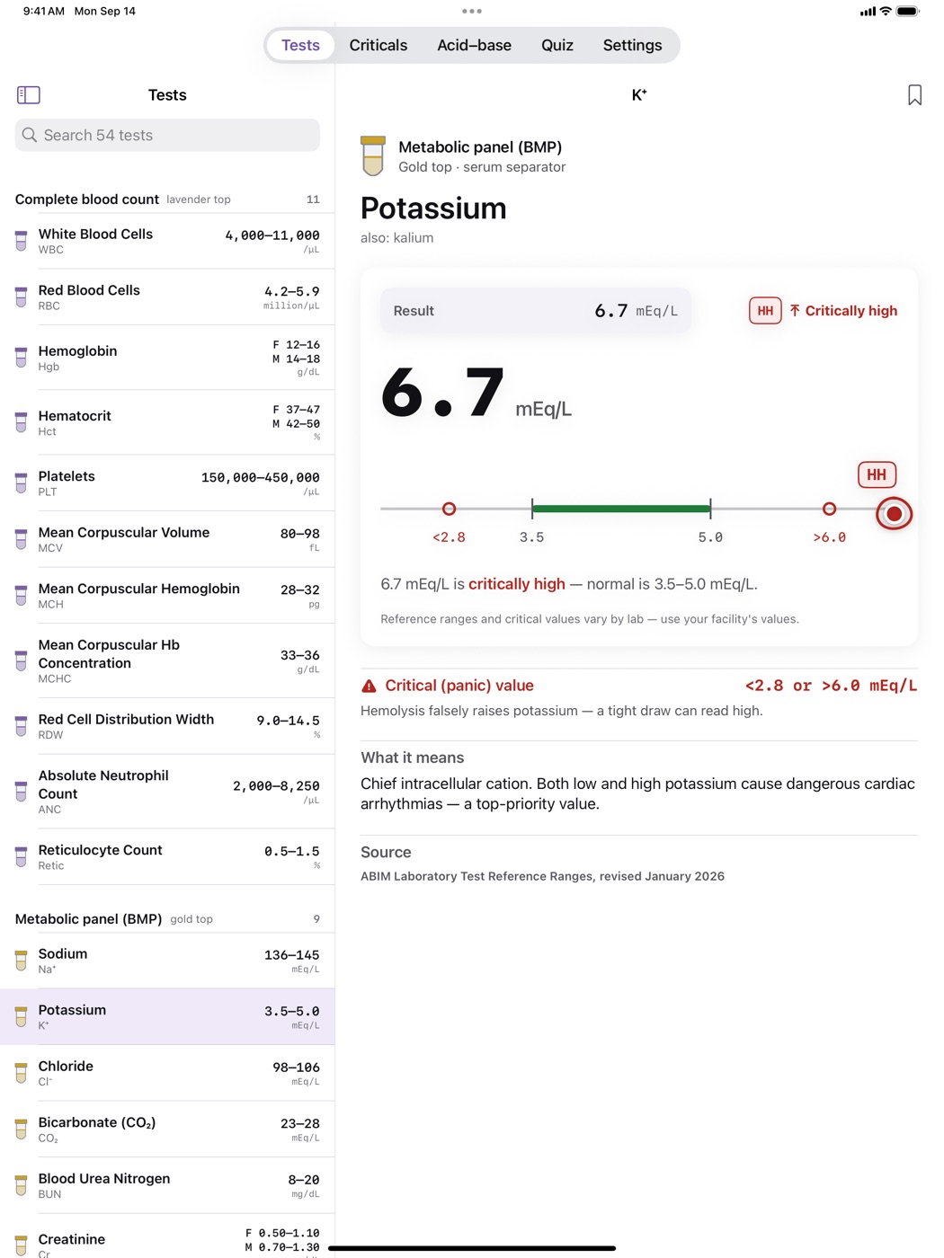 Lab Values running on an iPad