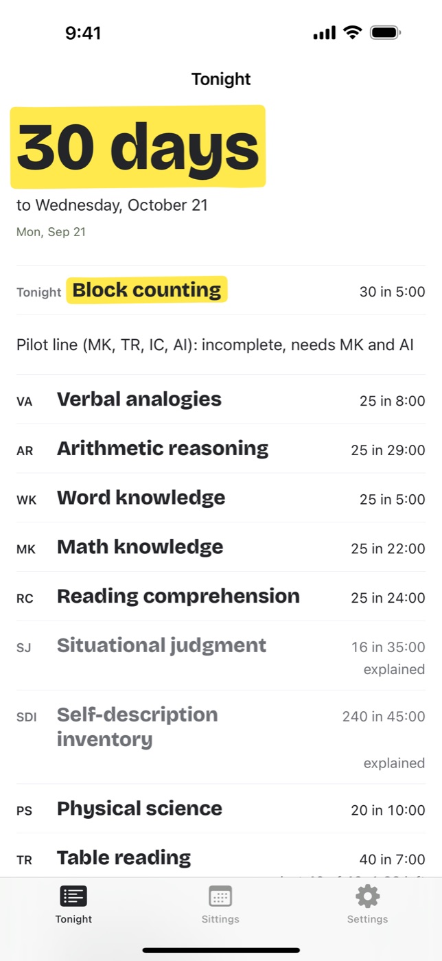 AFOQT Practice Test 2027!: Tonight: the days to your test date, and every subtest of the real test with its own item count and time limit.