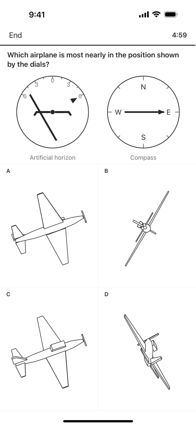AFOQT Practice Test 2027!: Instrument Comprehension: the attitude and compass dials, and four aircraft drawn from the same numbers as the answer.